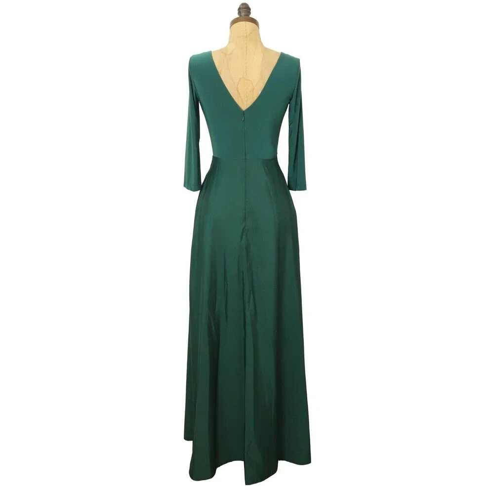 Alfred Sung V-Neck 3/4 Sleeve Jersey Mikado Belted Gown 0 Hunter Dress NWT B71 - Picture 4 of 6